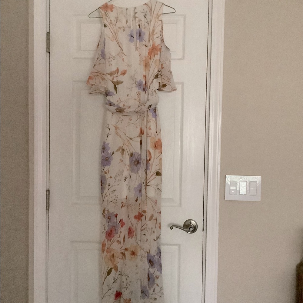 Calvin Klein Floral Chiffon Dress in Cream and Orange - Picture 2 of 5